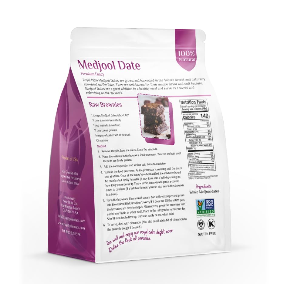 Medjool Premium Dates 16oz (1 lb) - Large Soft Dates - Natural Sweetener Snack - Non-GMO, No Added Sugar, Vegan, Kosher, Resealable Bag - Natural