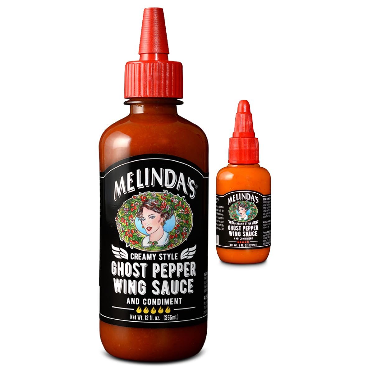 Melinda’s Ghost Pepper Wing Sauce - 1 Pack 12 Oz &Mini - Gourmet Spicy Hot Sauce - Made with Fresh Ingredients, Ghost Peppers (Bhut Jolokia), Habanero