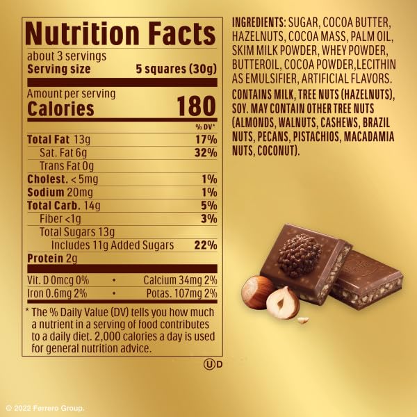Ferrero Rocher premium chocolate bar, Milk Chocolate with Hazelnut Filling, Perfect Self Treat, 3.1 oz Each