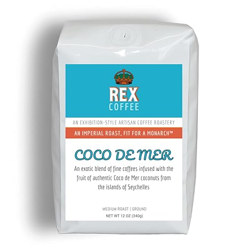 Rex Coffee Coco De Mer Ground Coffee, Infused Double Coconut from Seychelles, Arabica Light Medium Roast, 12 Ounce