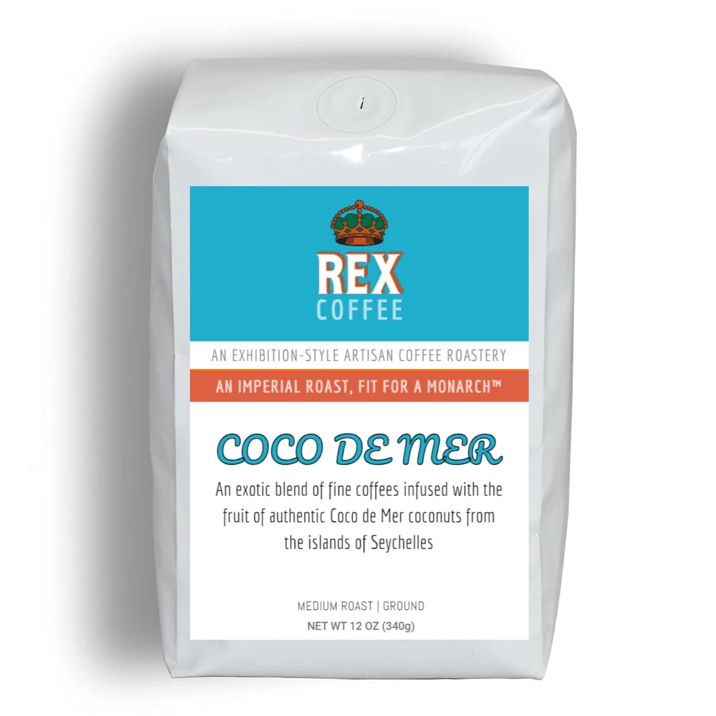 Rex Coffee Coco De Mer Ground Coffee, Infused Double Coconut from Seychelles, Arabica Light Medium Roast, 12 Ounce