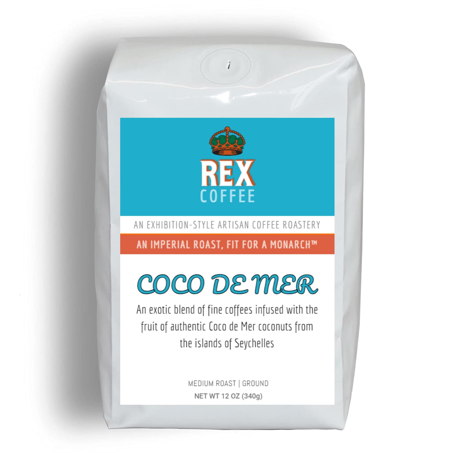 Rex Coffee Coco De Mer Ground Coffee, Infused Double Coconut from Seychelles, Arabica Light Medium Roast, 12 Ounce