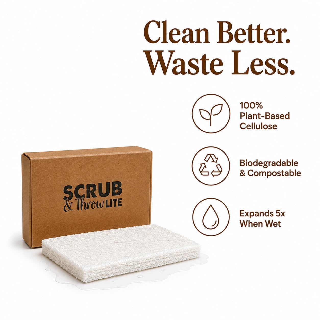 Scrub & Throw Cellulose Sponges, Natural, Plastic-Free, Non-Scratch, for Kitchen, Dishes, Pots and Cleaning, Plant-Based, Plastic-Free, Eco-Friendly