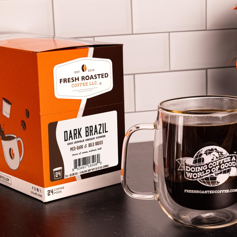 Fresh Roasted Coffee, Dark Brazil, Med-Dark Roast, 72 Pods for K Cup Brewers