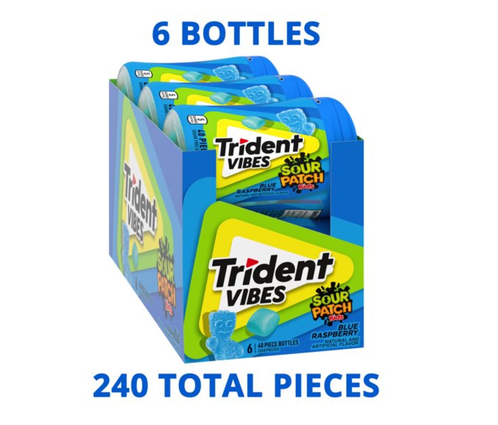 Trident Vibes SOUR PATCH KIDS Blue Raspberry Sugar Free Gum, 6-40 Piece Bottles (240 Total Pieces)