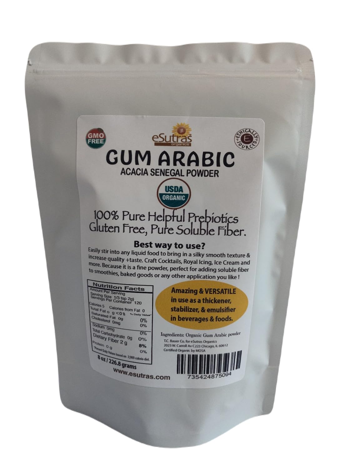 Gum Arabic Powder, USDA Organic | 8 oz. Easy use Bag | Gum Acacia Use as Food emulsifier thickener or DIY Watercolors