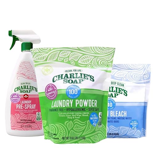 Charlie’s Soap Baby Variety Pack Pre Spray 32 Oz, Laundry Powder (100 Load), & Baby Oxi Bleach Bundle (Pack of 3)