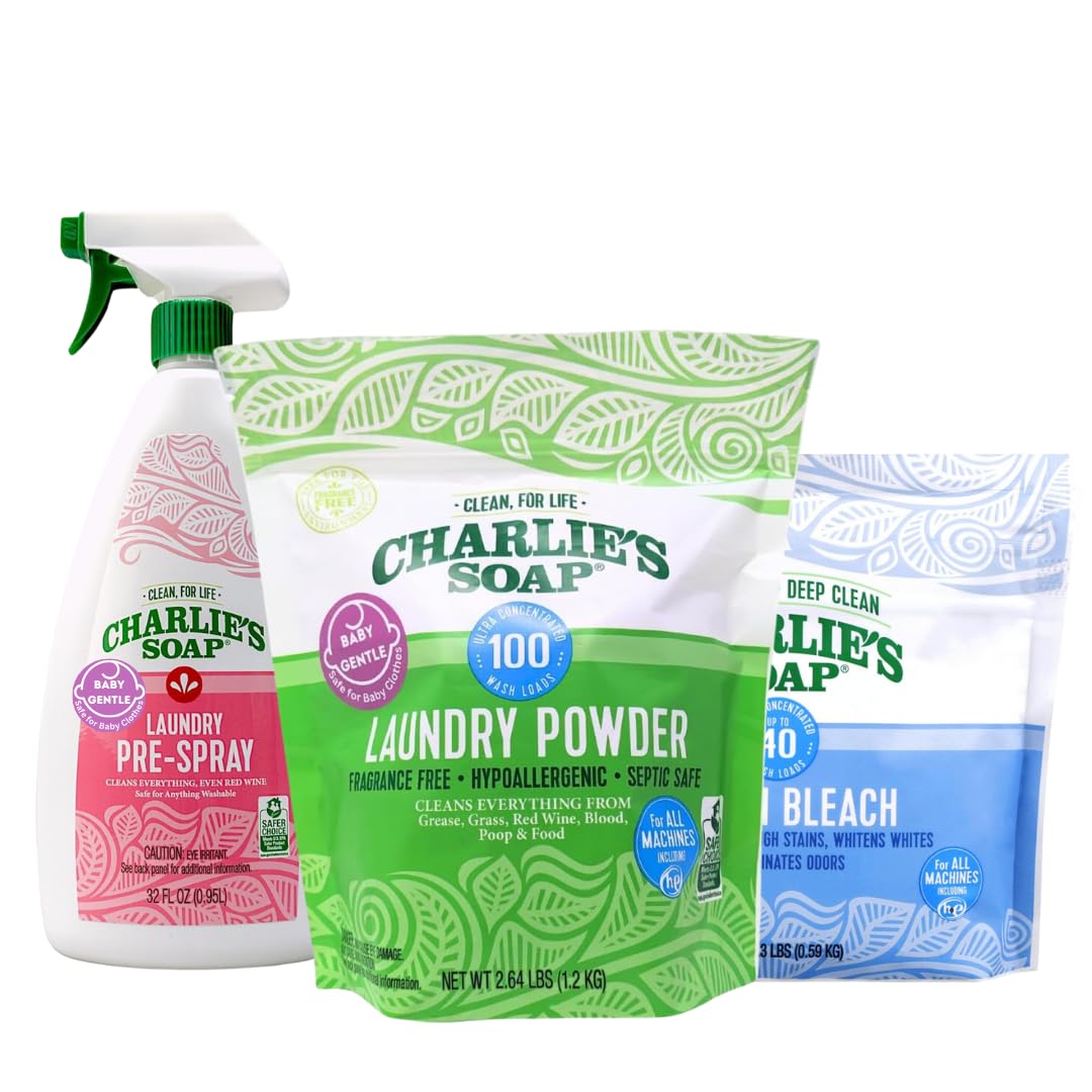Charlie’s Soap Baby Variety Pack Pre Spray 32 Oz, Laundry Powder (100 Load), & Baby Oxi Bleach Bundle (Pack of 3)