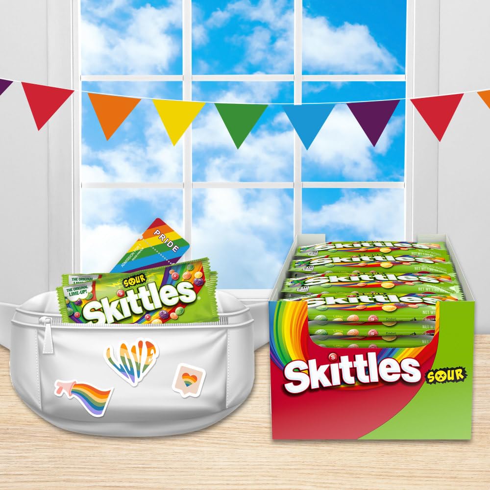 SKITTLES Sours Individually Wrapped Full Size Chewy Sour Candy Packs, 24 Ct Bulk Box for Parties, Movie Nights & Sharing