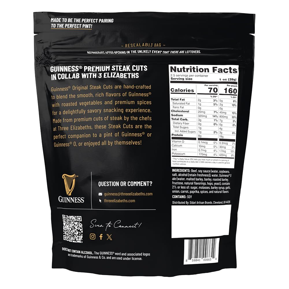 Guinness Steak Cuts, Original Flavor, 3 Pack (2.5 Ounce Bags) - Tender Real Steak Snack Marinated in Guinness 0.0 - Savory Pot Roast Flavor - Jerky