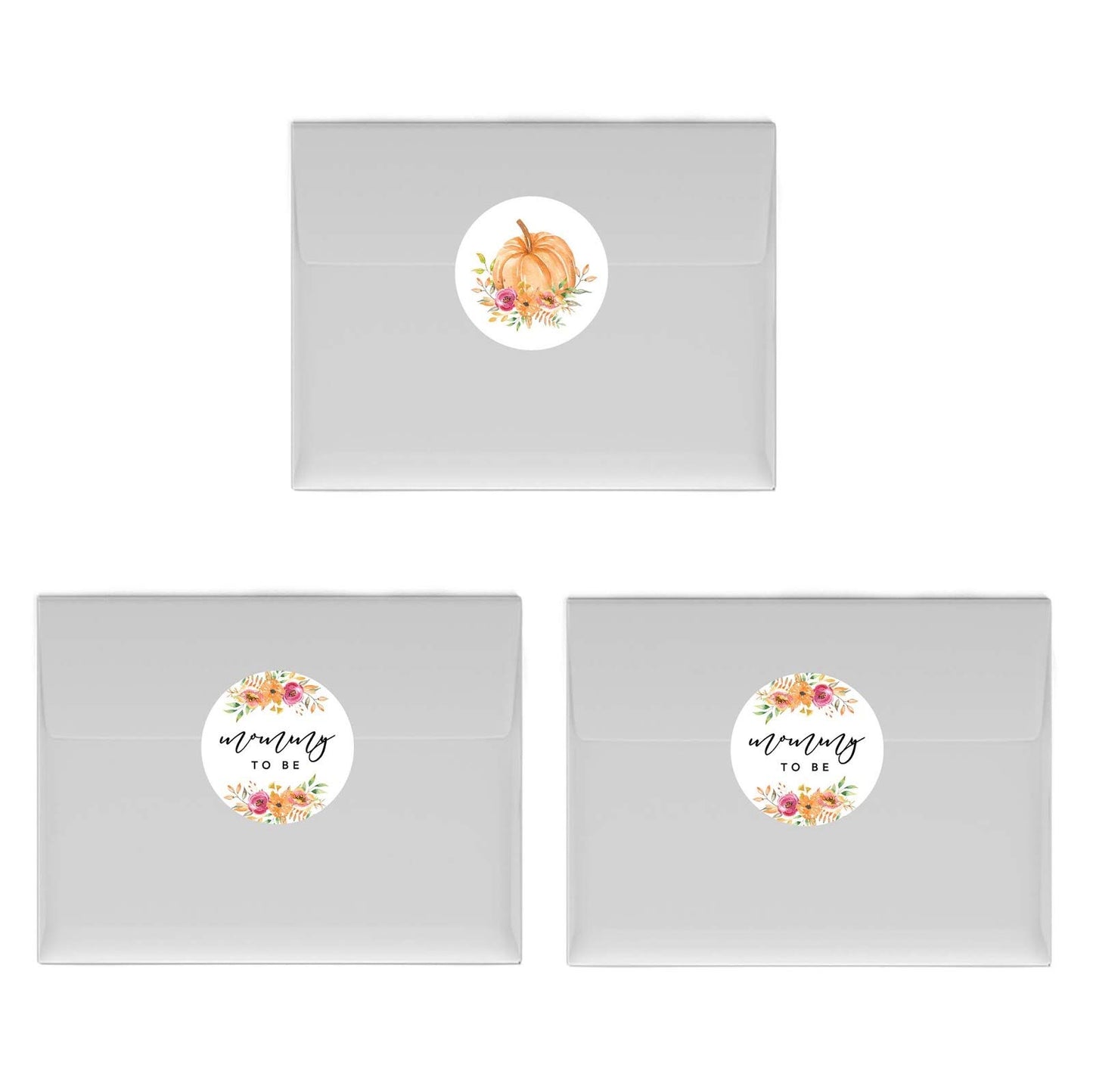 Andaz Press Autumn Fall Watercolor Baby Shower Party Collection, Chocolate Drop Label Stickers Trio, Mommy to Be, Autumn Floral Bouquet and Pumpkin