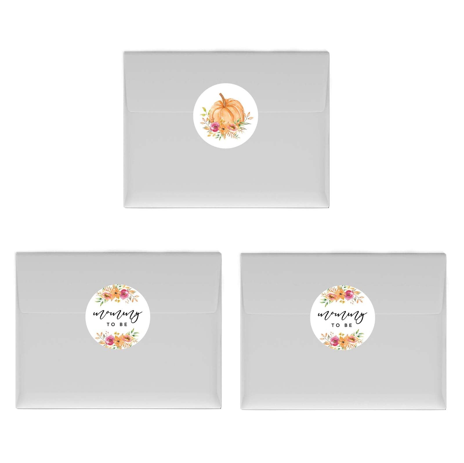 Andaz Press Autumn Fall Watercolor Baby Shower Party Collection, Chocolate Drop Label Stickers Trio, Mommy to Be, Autumn Floral Bouquet and Pumpkin