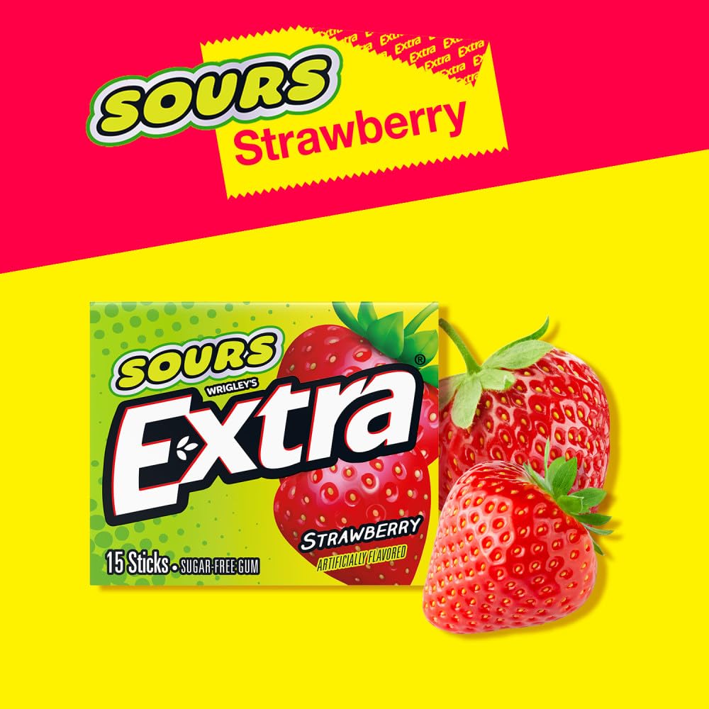 EXTRA SOURS Strawberry Sugar Free Fruit Gum, Sour Candy, 15-Stick Chewing Gum Pack, Purse Essentials, 10 Count