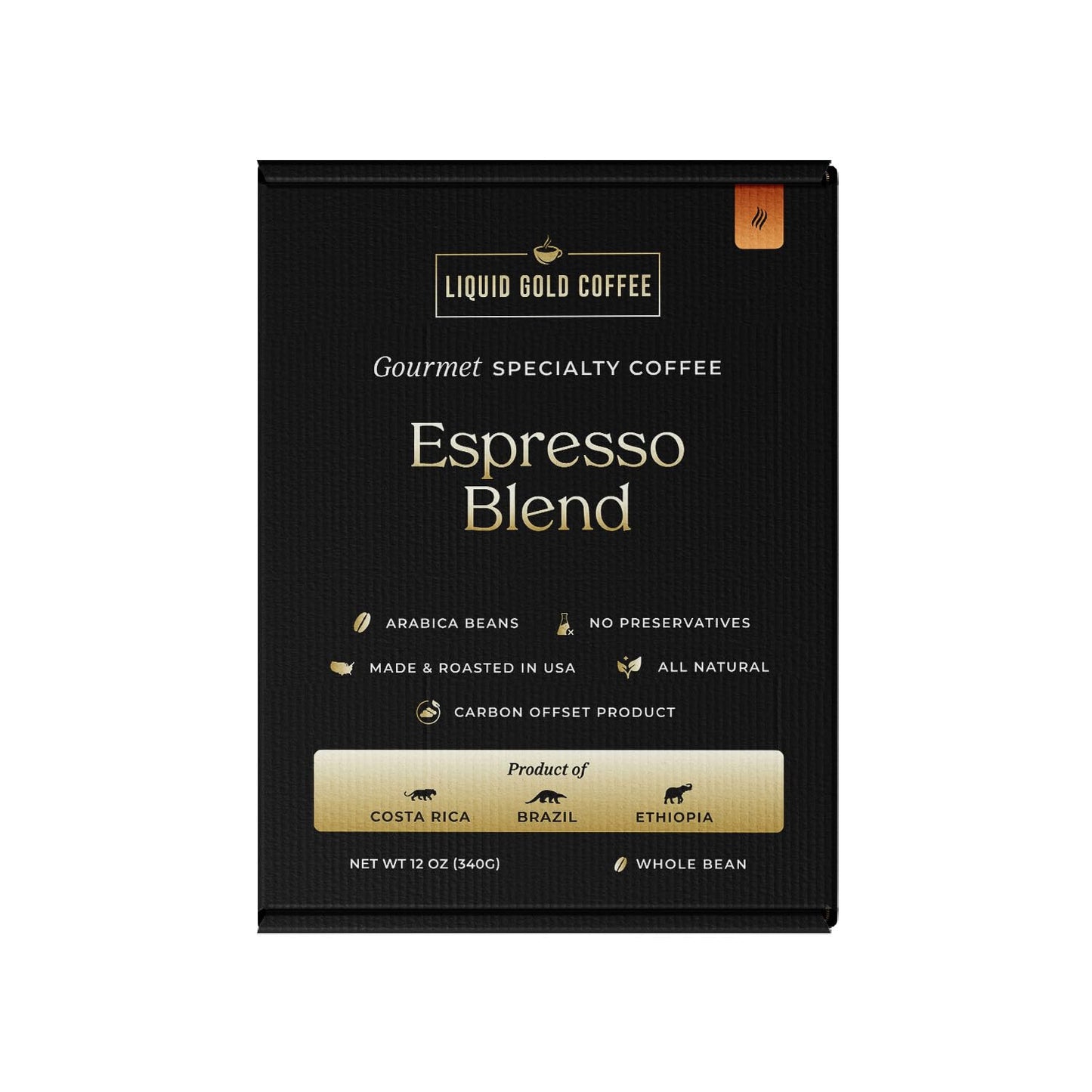 Liquid Gold Espresso Gourmet Coffee, Whole Beans, Costa Rica, Brazil and Ethiopia Blend, 12oz Box (340g), 100% Arabica, Fair Trade, Small-Batch