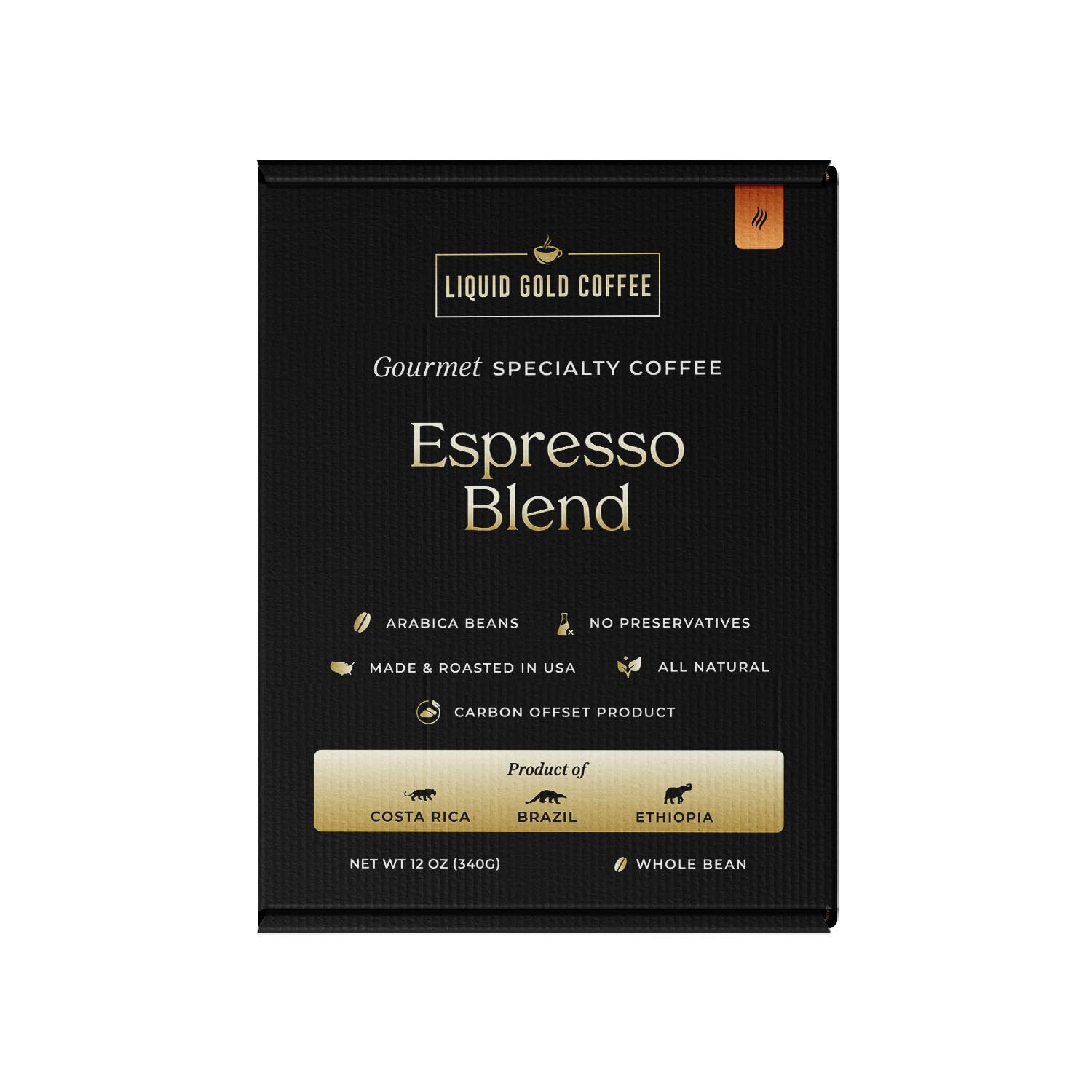 Liquid Gold Espresso Gourmet Coffee, Whole Beans, Costa Rica, Brazil and Ethiopia Blend, 12oz Box (340g), 100% Arabica, Fair Trade, Small-Batch