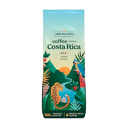 Coffee from Costa Rica, Dark Roast Whole Beans, by Liquid Gold, 1 bag 12oz (340 grams), Fair Trade, 100% Fresh Arabica Beans, Local Authentic Sourced