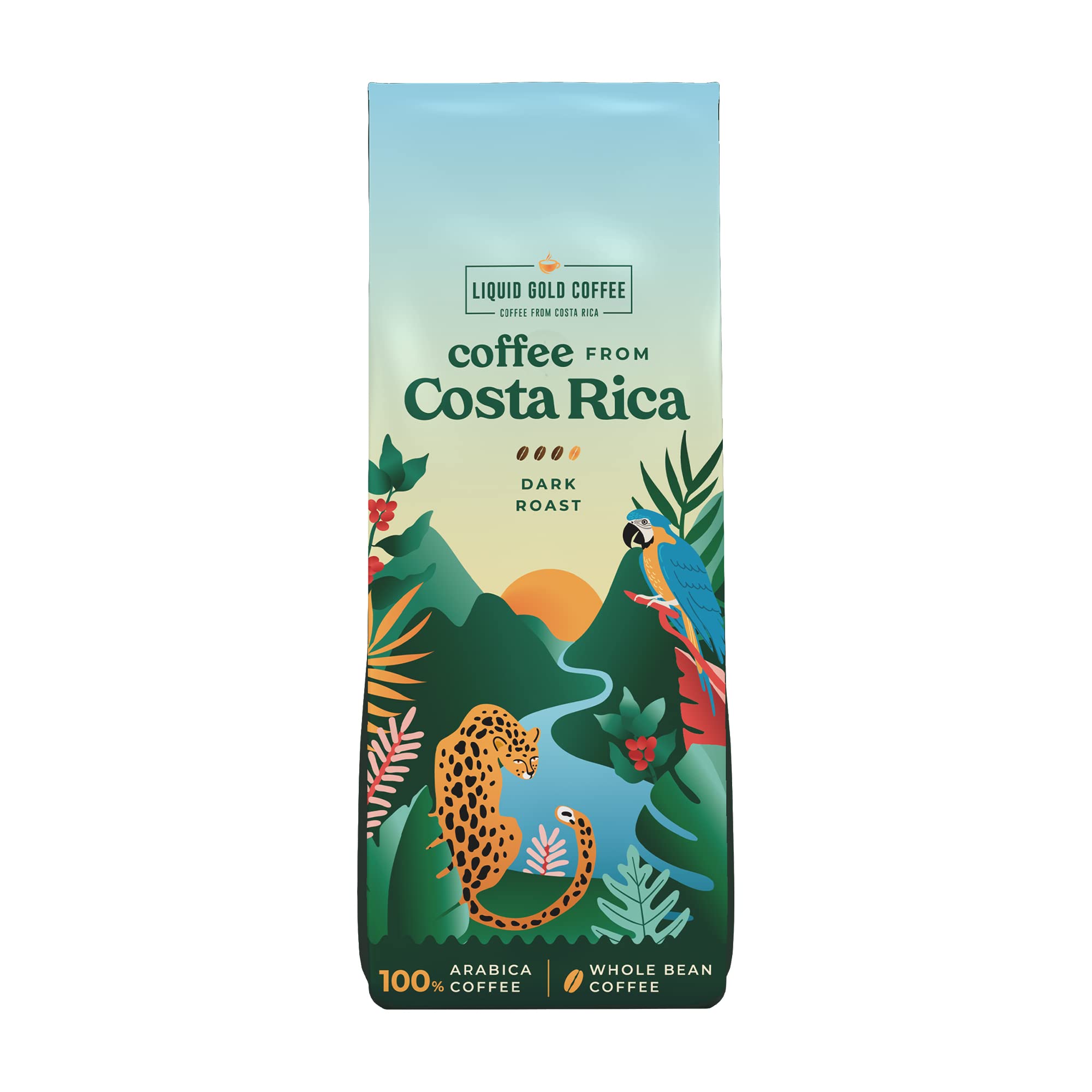 Coffee from Costa Rica, Dark Roast Whole Beans, by Liquid Gold, 1 bag 12oz (340 grams), Fair Trade, 100% Fresh Arabica Beans, Local Authentic Sourced