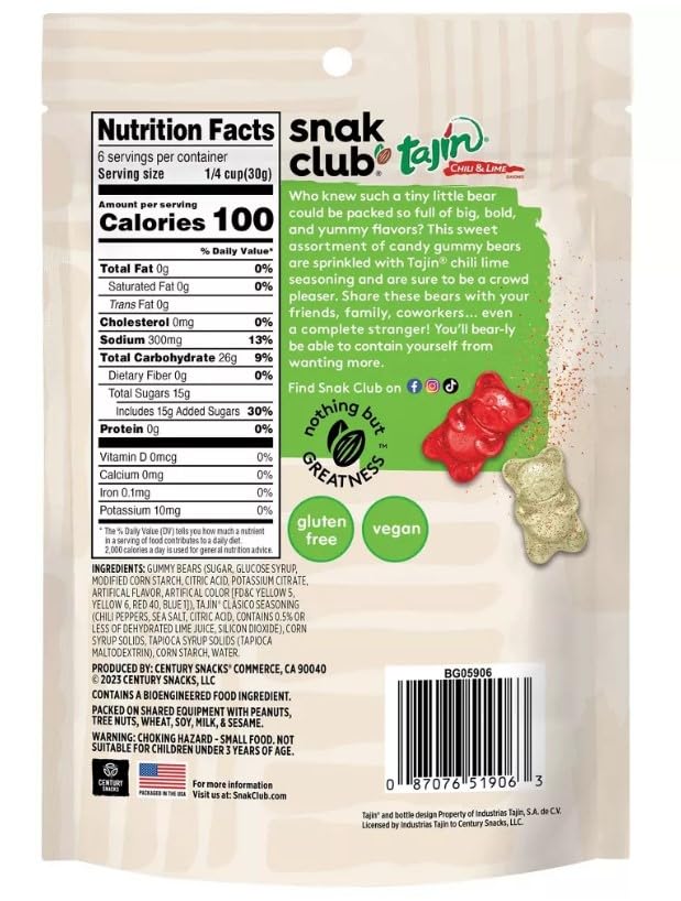 2 Pack Snack Club Tajin Gummy Bears Candy - 6.5oz Each