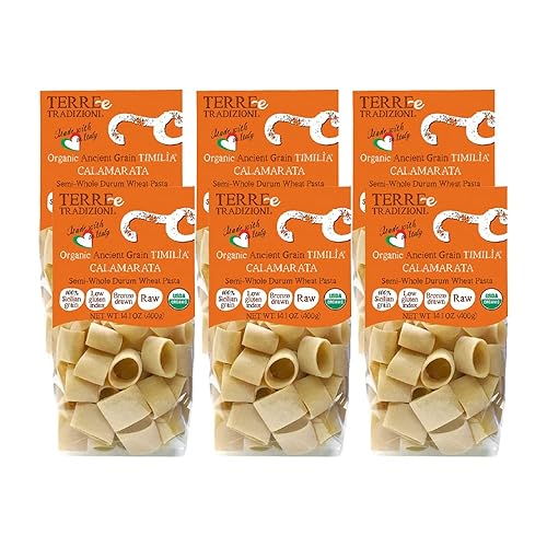 6 PACKS ORGANIC ITALIAN SEMI WHOLE DURUM WHEAT CALAMARATA PASTA - Sicilian Ancient Grain Timilia Vegan Pasta Crafted in Italy. LOW-GLUTEN INDEX. Has