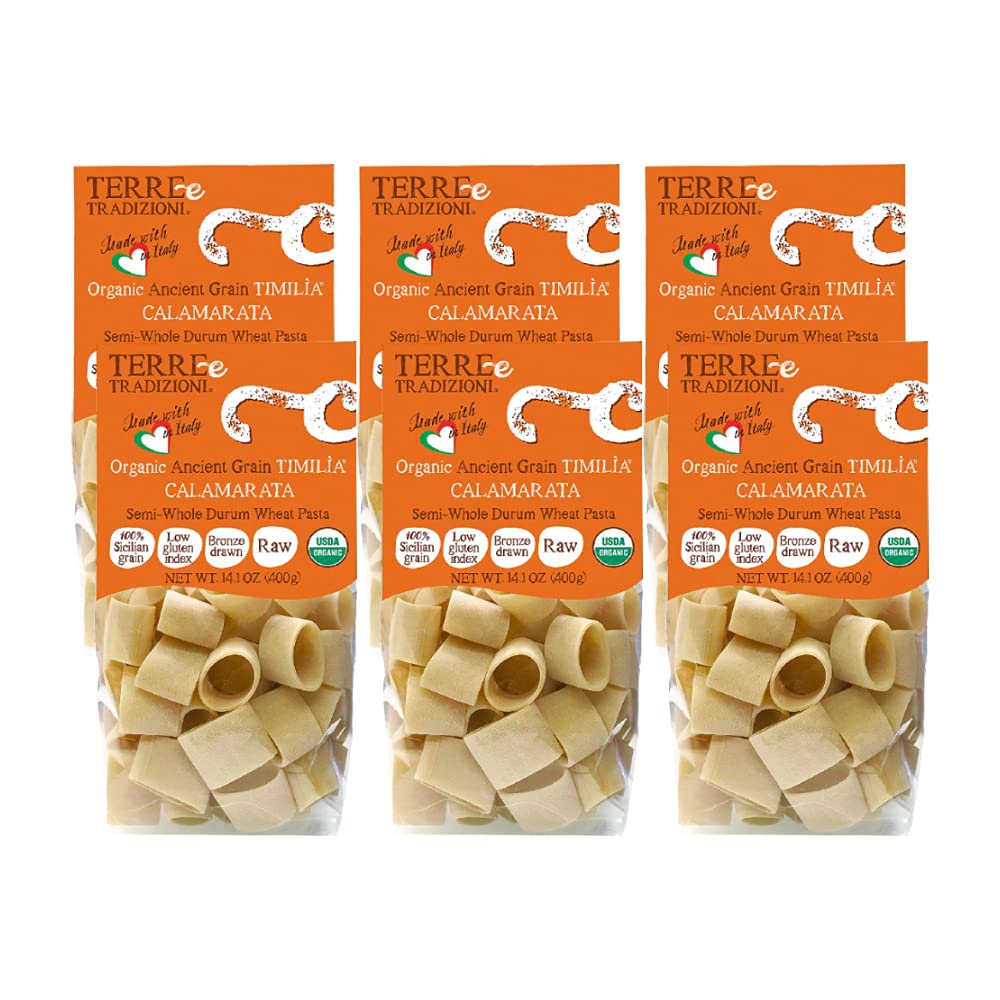 6 PACKS ORGANIC ITALIAN SEMI WHOLE DURUM WHEAT CALAMARATA PASTA - Sicilian Ancient Grain Timilia Vegan Pasta Crafted in Italy. LOW-GLUTEN INDEX. Has