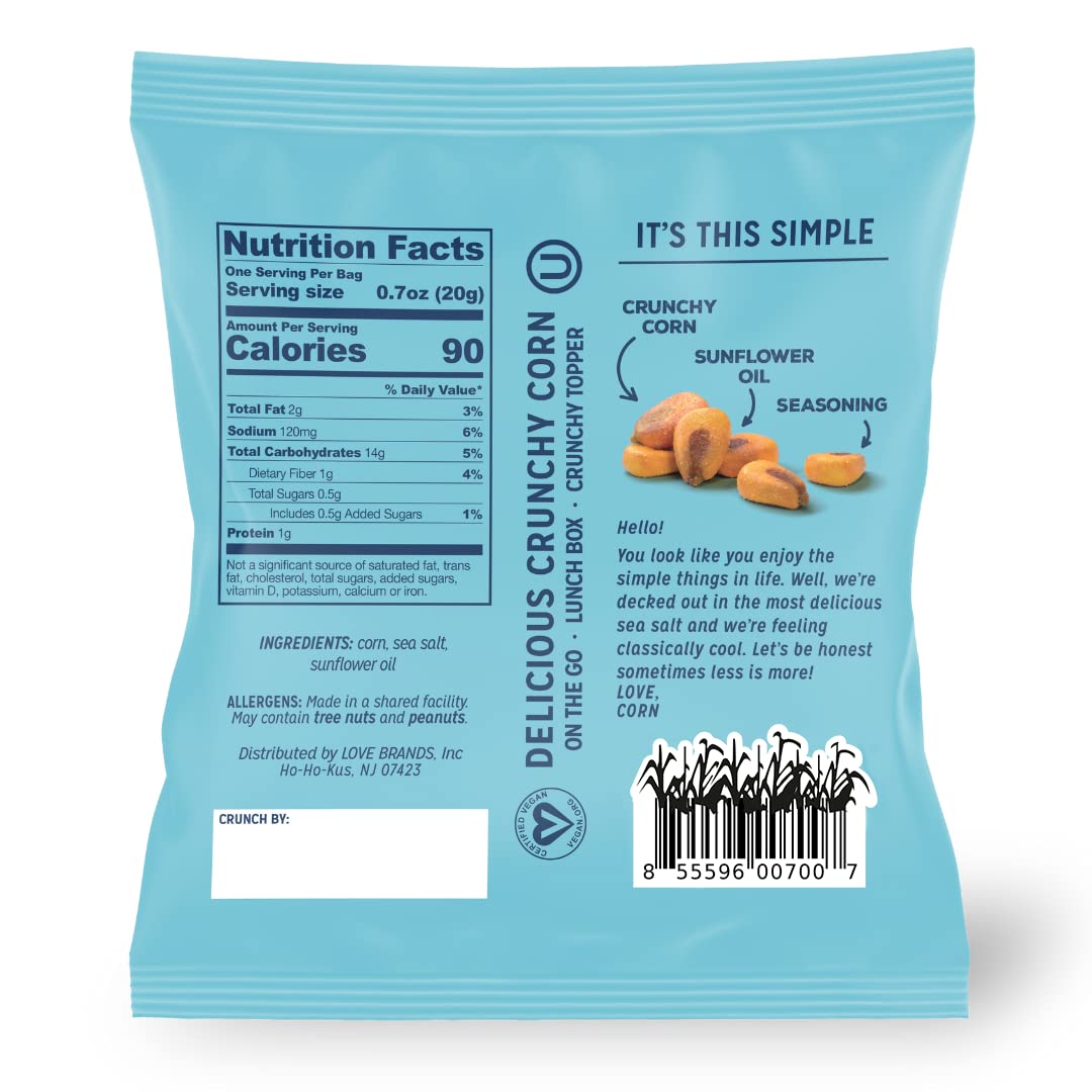 LOVE CORN Sea Salt - Crunchy Roasted Corn Snack, 3 Simple Ingredients, Gluten Free, Non-GMO, Vegan - Alternative to Chips, Nuts & Crackers - Lunchbox