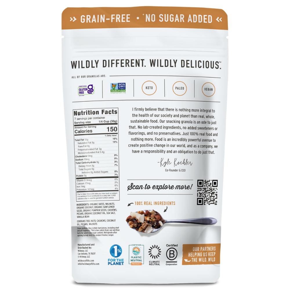Wildway Keto Granola | Coconut Cashew | Grain-Free, Certified Gluten-Free Cereal | Vegan, Low Carb | No Sugar Added | Paleo-Friendly | Non-GMO Fruit