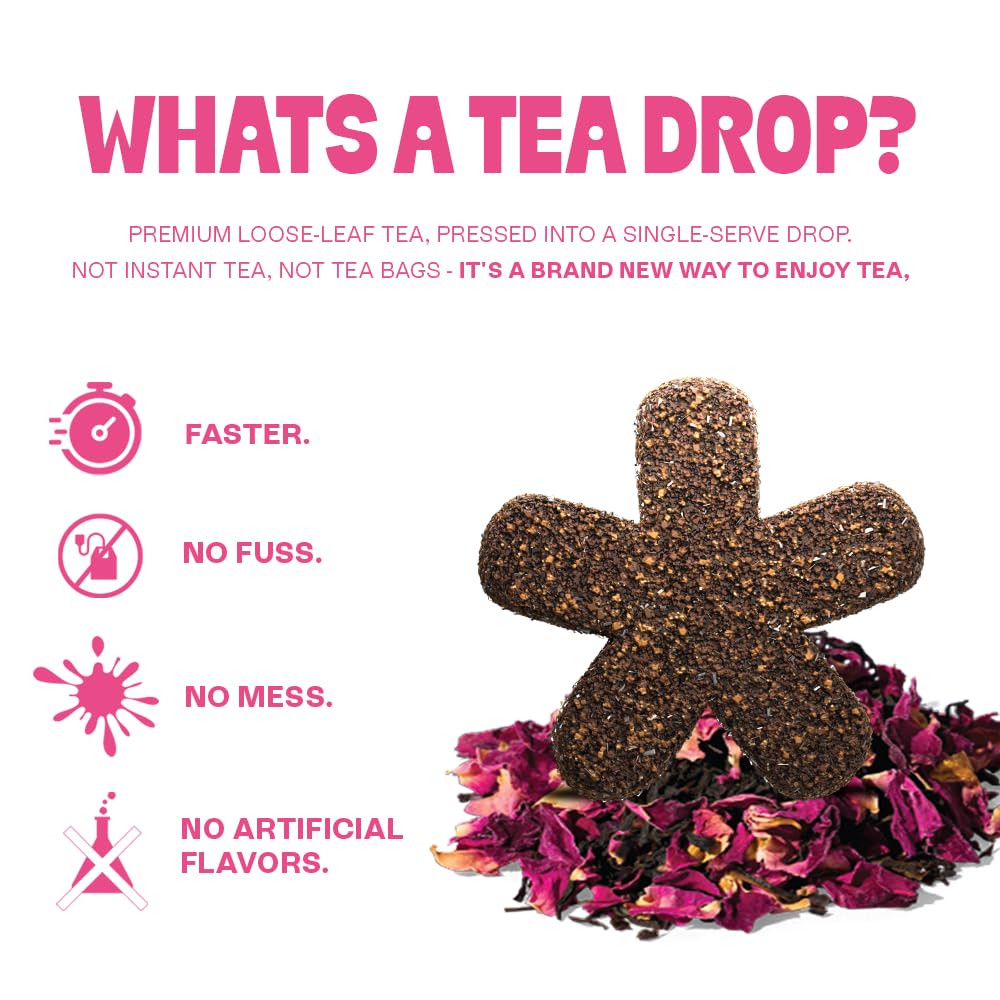 Tea Drops Rose Earl Grey Tea With Organic Rose Petals | Organic Bagless Loose Leaf | Prebiotic, Nutrient Rich Caffeinated | Iced or Hot | 2 Pack - 20
