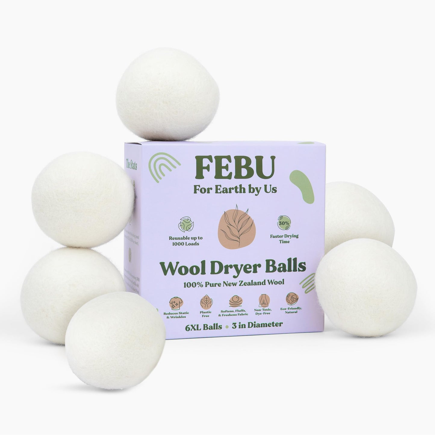 FEBU Wool Dryer Balls, 6-Pack, XL | 100% New Zealand Wool | Natural, Reusable Fabric Softener | Alternative to Dryer Sheets | Reduces Wrinkles