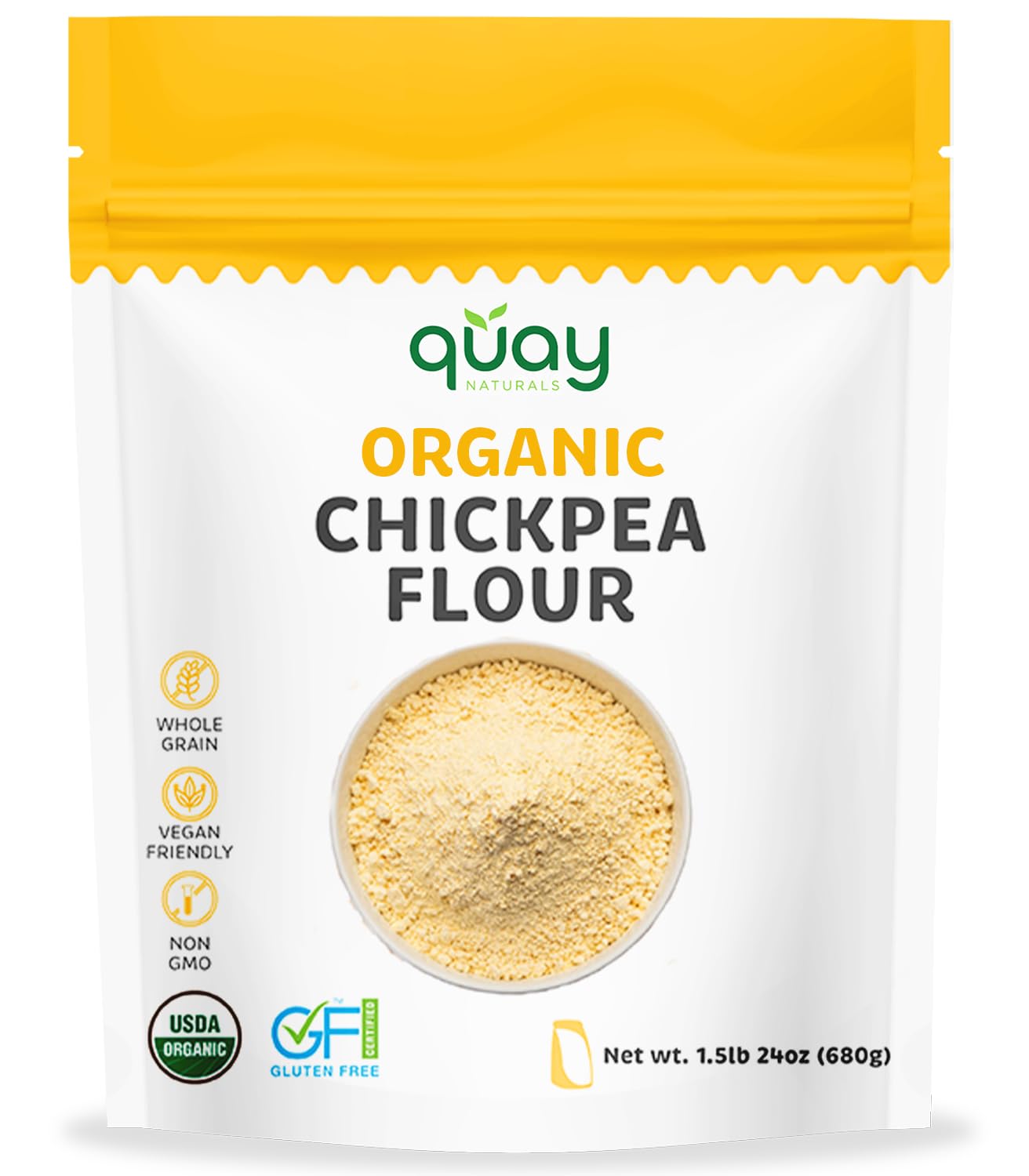 Quay Naturals Organic Chickpea Flour, Garbanzo Bean Flour, 1.5 lb, Non-GMO, Gluten-Free, Vegan. Ideal for Baking, Frying, Flatbreads & Grain-Free