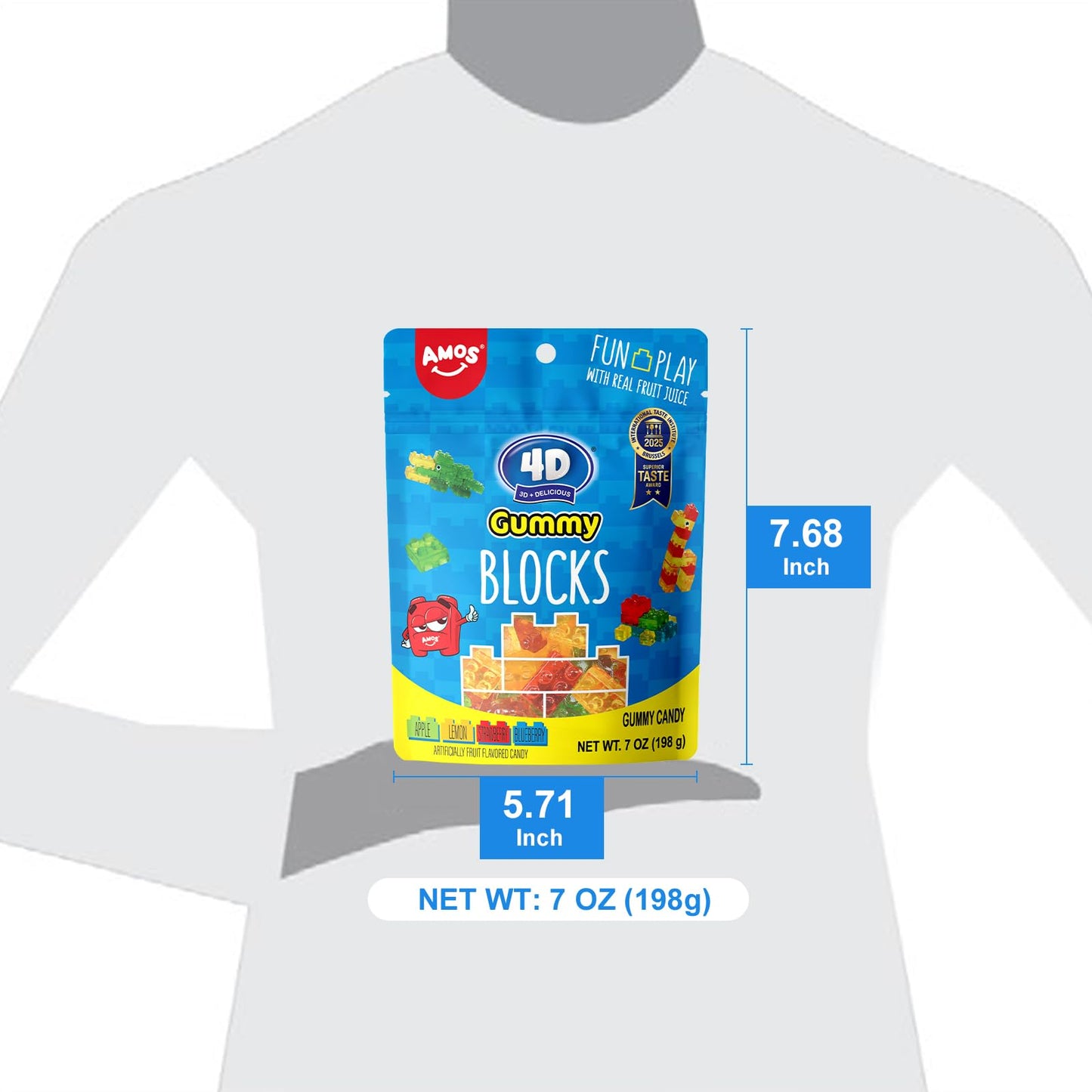 AMOS 4D Gummy Blocks - 7oz (198g) Fruit-Flavored Building Block Gummies, Fun Play Edible Candy with Real Fruit Juice, Artificial Flavor