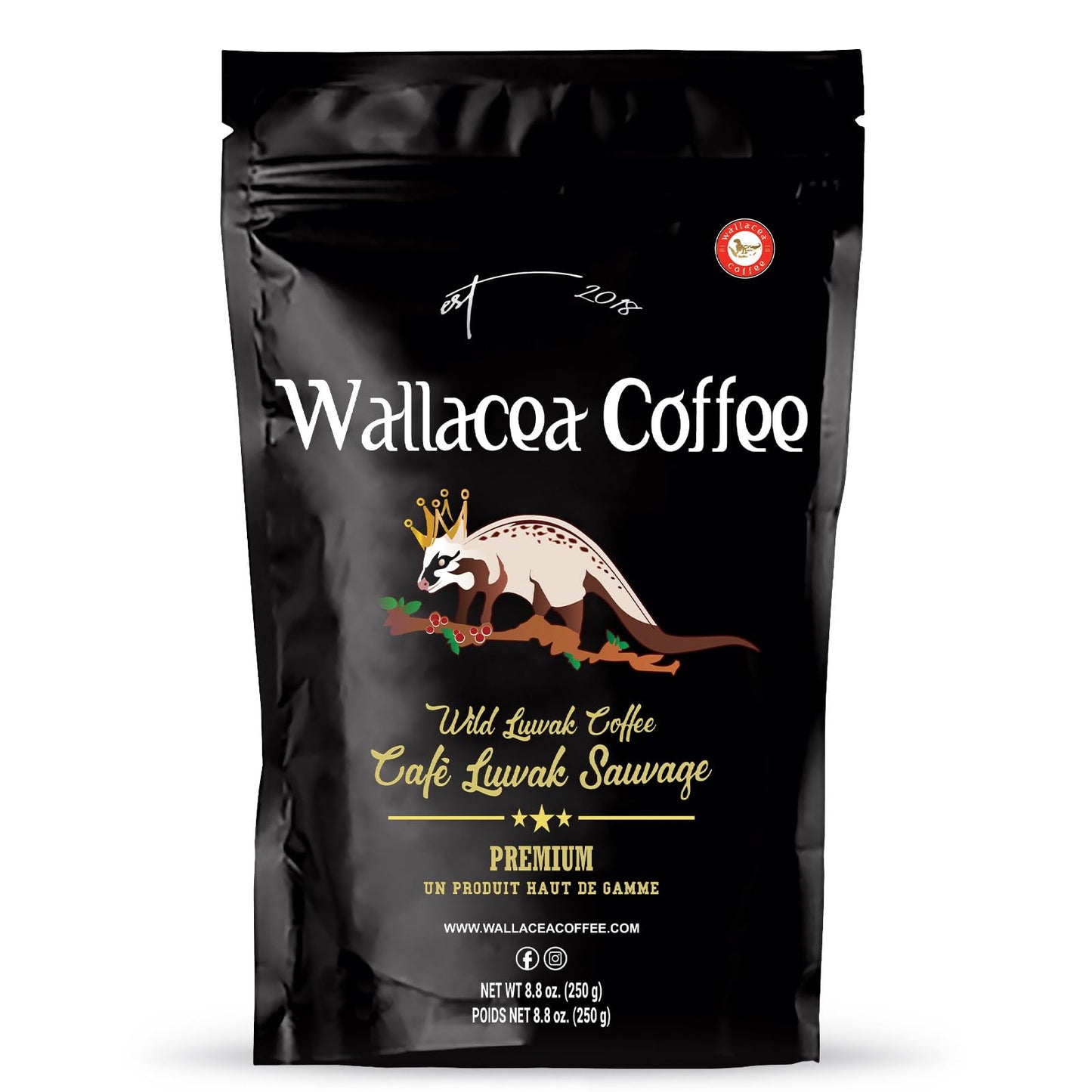 Wallacea Coffee Certified Wild Kopi Luwak Coffee Ground, Wild Civet Cat Coffee Ground, from Gayo Sumatra Indonesia 8.8 Oz (Ground)