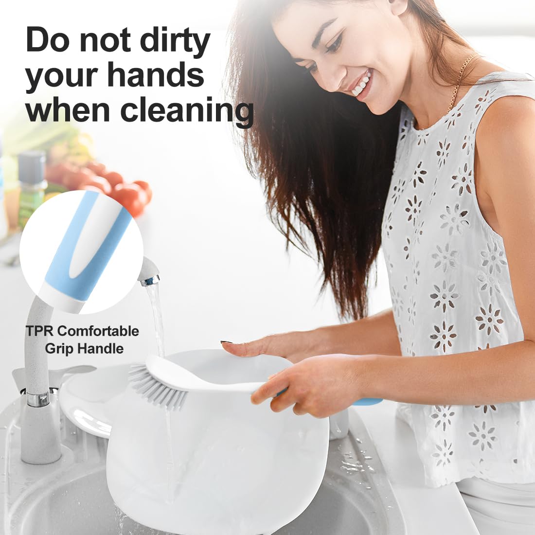 CQT Kitchen Diffusion Type Scrub Brush for Cleaning Dishes Pots Pan Sink and Bathroom with Comfortable Long Handle 4pack (Blue)