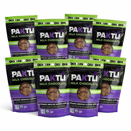 Paktli Organic Alegría Bites 8-Pack - Milk Chocolate Covered Ancient Grains, Eight 2oz Bags, Organic Amaranth, Quinoa & Millet Snack, Non-GMO