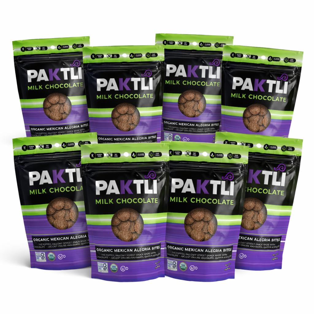 Paktli Organic Alegría Bites 8-Pack - Milk Chocolate Covered Ancient Grains, Eight 2oz Bags, Organic Amaranth, Quinoa & Millet Snack, Non-GMO