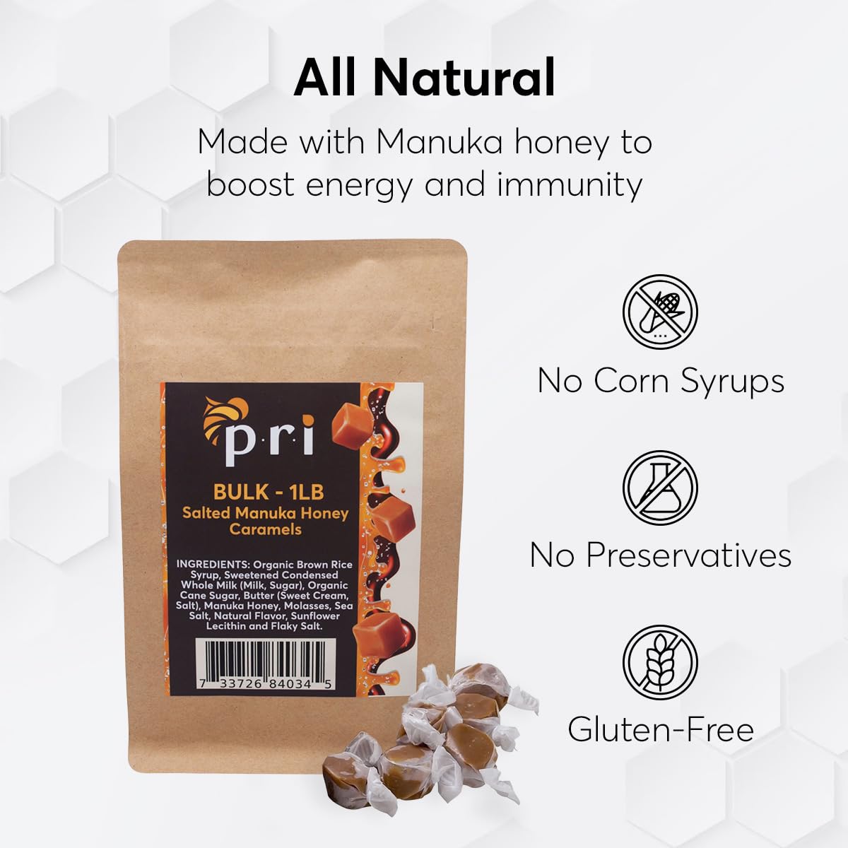 P.R.I Manuka Honey Salted Caramels - 1 lb Bulk Bag - Soft Chewy Caramels Made with New Zealand Manuka Honey & Sea Salt - Clean?Label, No Corn Syrup