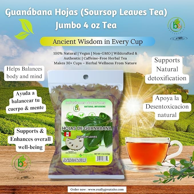 Hojas de Guanábana (Soursop Leaves) - 2 Pack (4 oz Bags) 100% Natural | Vegan | Herbal Tea for Infusion | Includes Infuser/Incluye Infusor