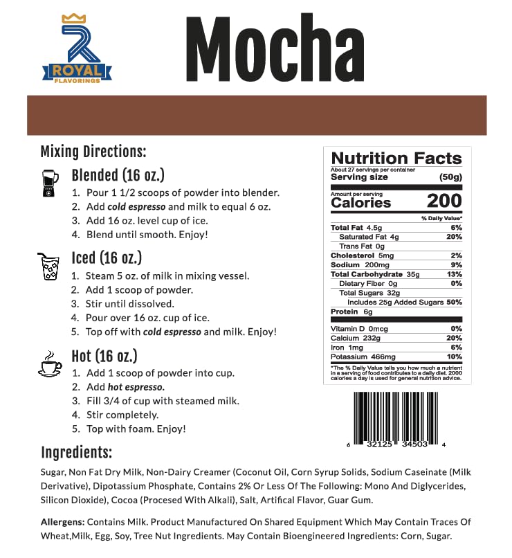 Royal Flavorings Mocha Premium Flavored Frappe Drink Mix for Blended Frappe, Iced or Hot Drinks, Stand up Resealable Bag 3 Lb.