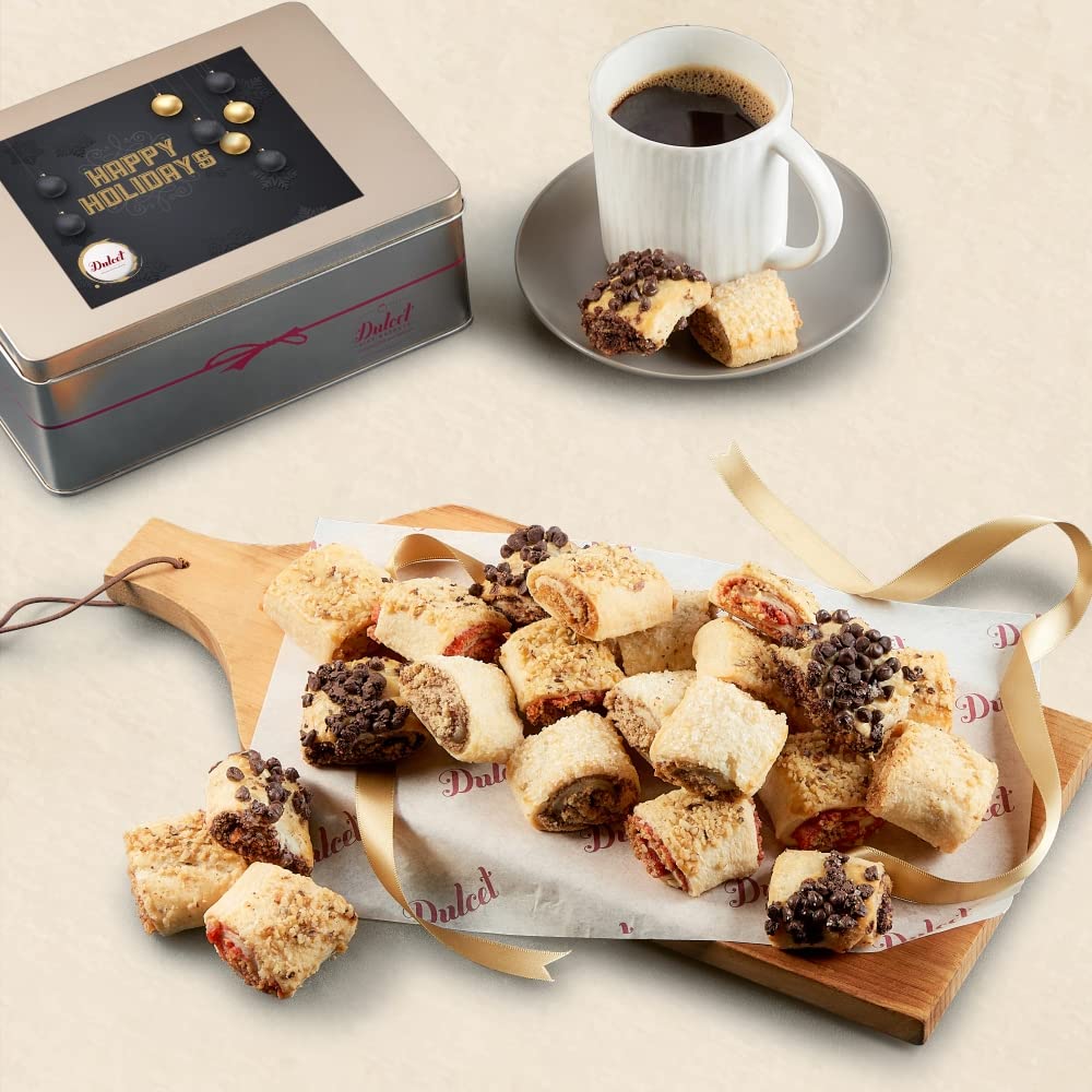 Dulcet Gift Baskets, Fresh Baked Holiday Bakery Rugelach fillings of chocolate chip, raspberry, Cinnamon and Apricot Gift Tin Assortment, Top Holiday