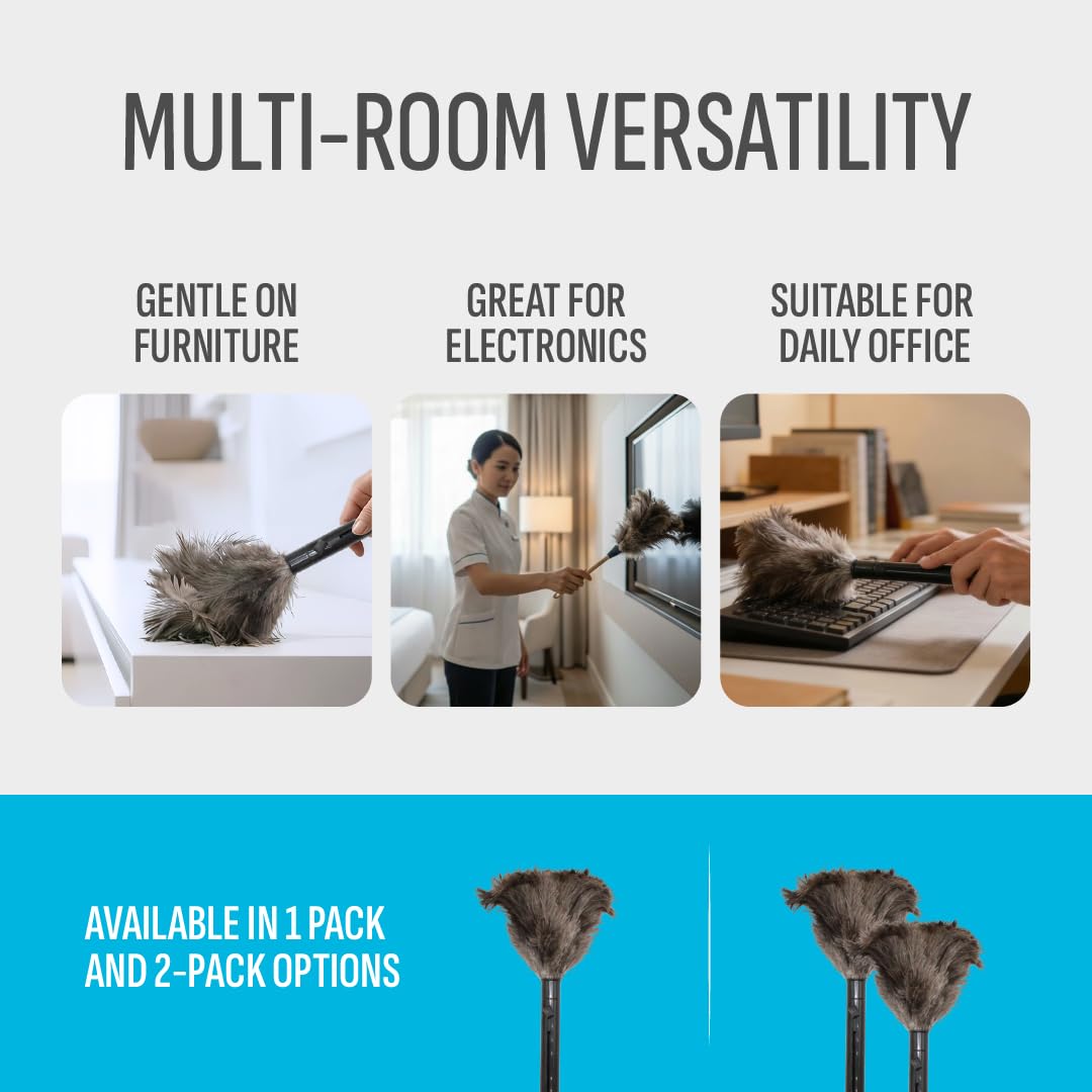 Retractable Feather Duster 8-14 in Adjustable - Natural Ostrich Feather Duster for Cleaning Ceiling Fans, Blinds, Plantation Shutters, Walls