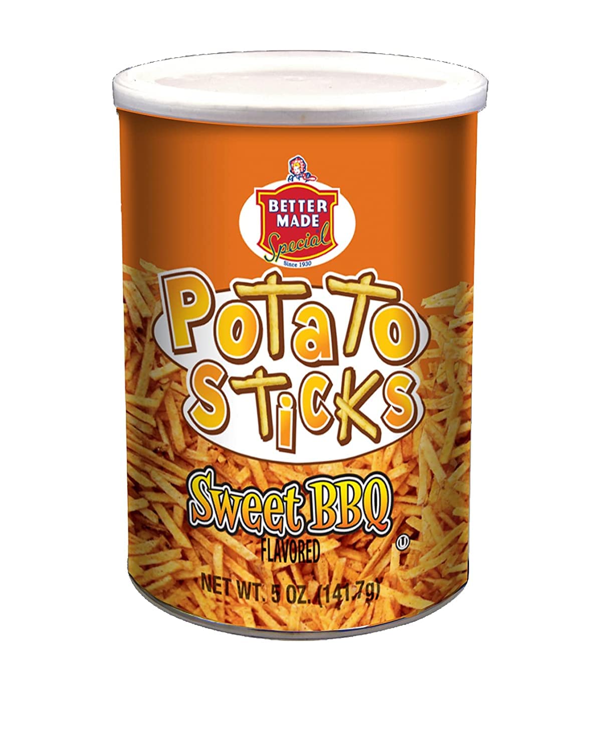 Better Made Potato Sticks 5oz Canister - (Sweet BBQ, 12 Can Tray) Shoestring Potato Sticks - Gluten Free - Crunchy, Crispy Snack from Fresh Potatoes