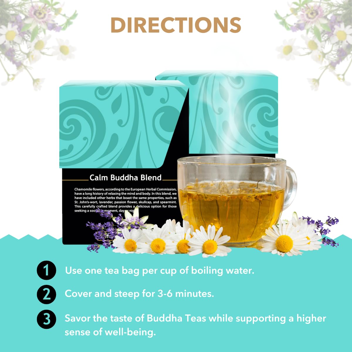 Buddha Teas - Calm Buddha Blend - Organic Herbal Tea - For Health & Wellbeing - Blend of Organic Herbs - Clean Ingredients - Caffeine Free - OU Kosher