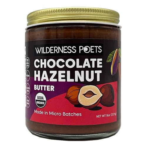 Wilderness Poets, Organic Chocolate Hazelnut Butter - (8 Ounce) - No Palm Oil - Simple Ingredients - 70% Hazelnuts, 30% Dark Chocolate Sweetened