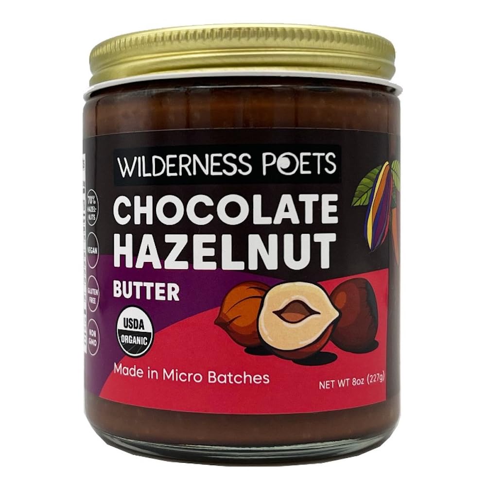 Wilderness Poets, Organic Chocolate Hazelnut Butter - (8 Ounce) - No Palm Oil - Simple Ingredients - 70% Hazelnuts, 30% Dark Chocolate Sweetened