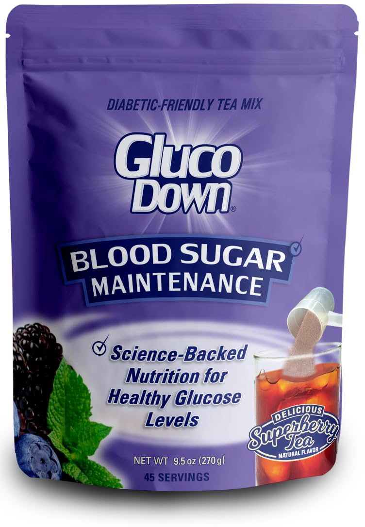 GLUCODOWN, Delicious Super Berry Tea Mix, Patent Pending Dietary Fiber Formula for Maintenance of Healthy Blood Sugar & Cholesterol, 45 Servings.