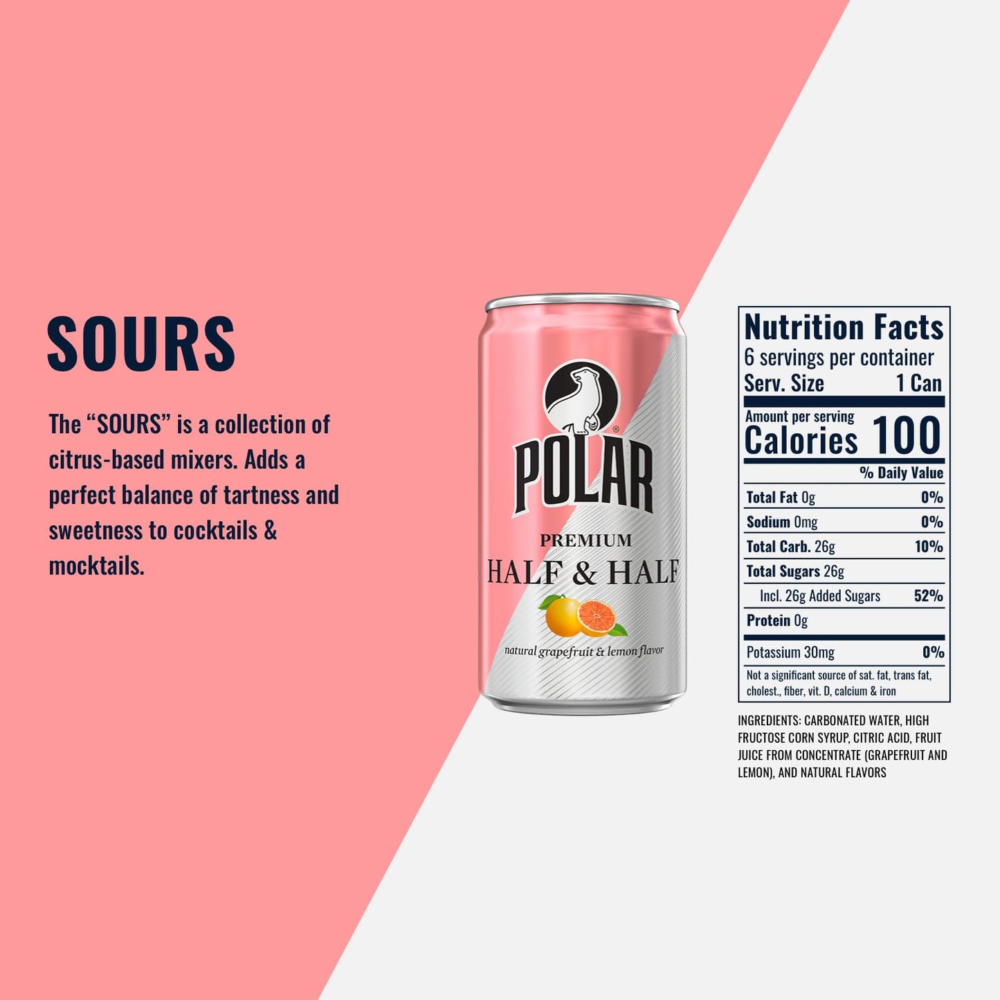 POLAR Half and Half (Grapefruit & Lemon) - 24pk 7.5oz Cans | Perfect Blend of Refreshing Citrus | Versatile Mixer for Cocktails and Mocktails