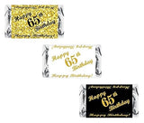 RokAPary 65th Birthday Miniatures Candy Bar Wrapper, (Set of 60) Mini Candy Bar Stickers; 3 Designs: 24 Gold, 24 Black, 12 White, Candy Not Included