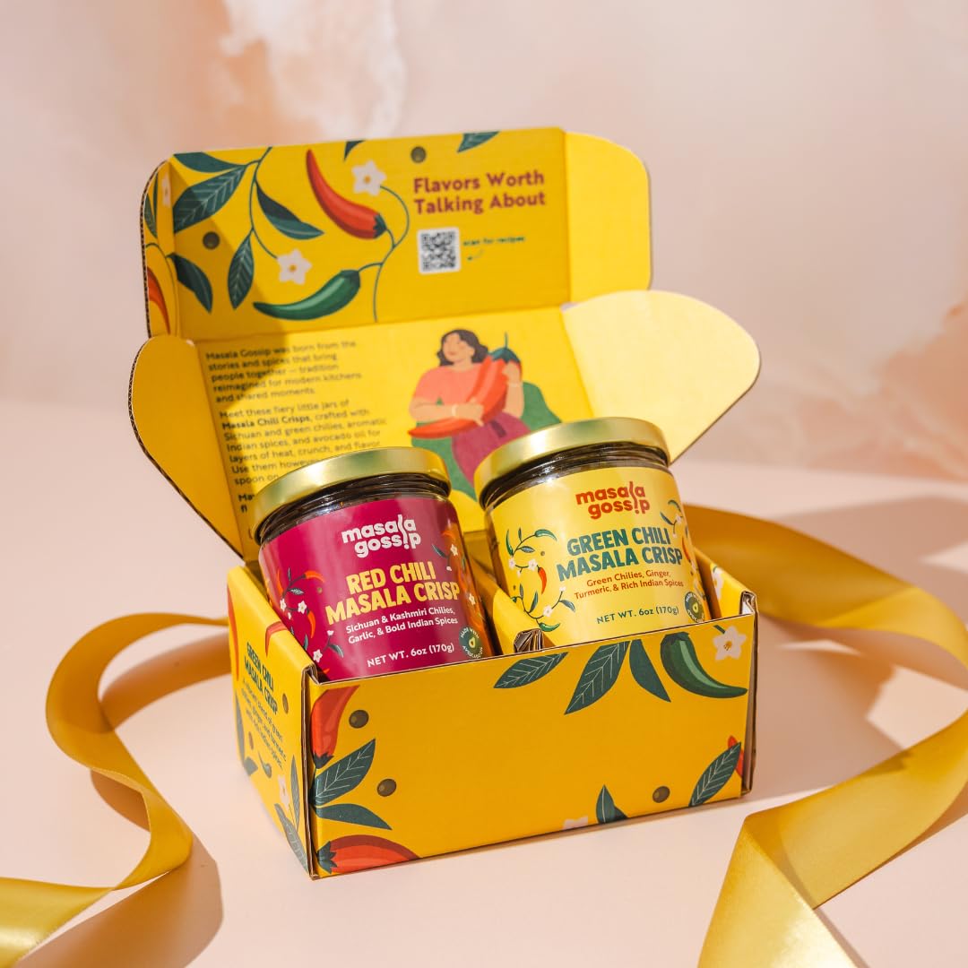 Masala Gossip Red & Green Chili Crisp Holiday Gift Set - Crunchy Chili Oil Bundle with Garlic, Shallots & Indian Spices - Drizzle on Noodles, Toast