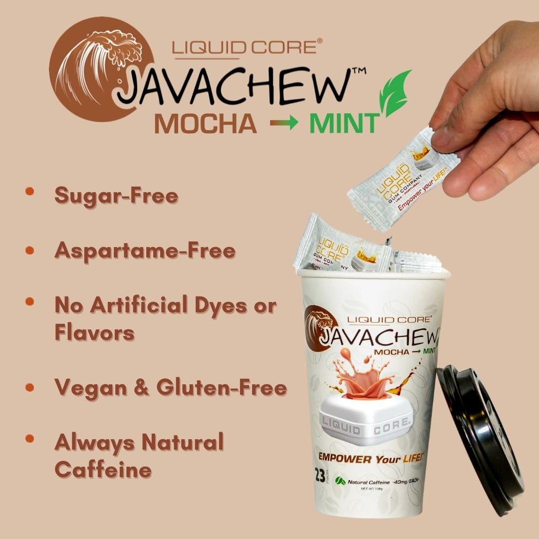 JAVACHEW Coffee Gum (23 Pieces) 40mg of Natural Caffeine per Piece - Sugar-Free Caffeinated Coffee Gum - No Aspartame - Xylitol for Oral Health, Mocha