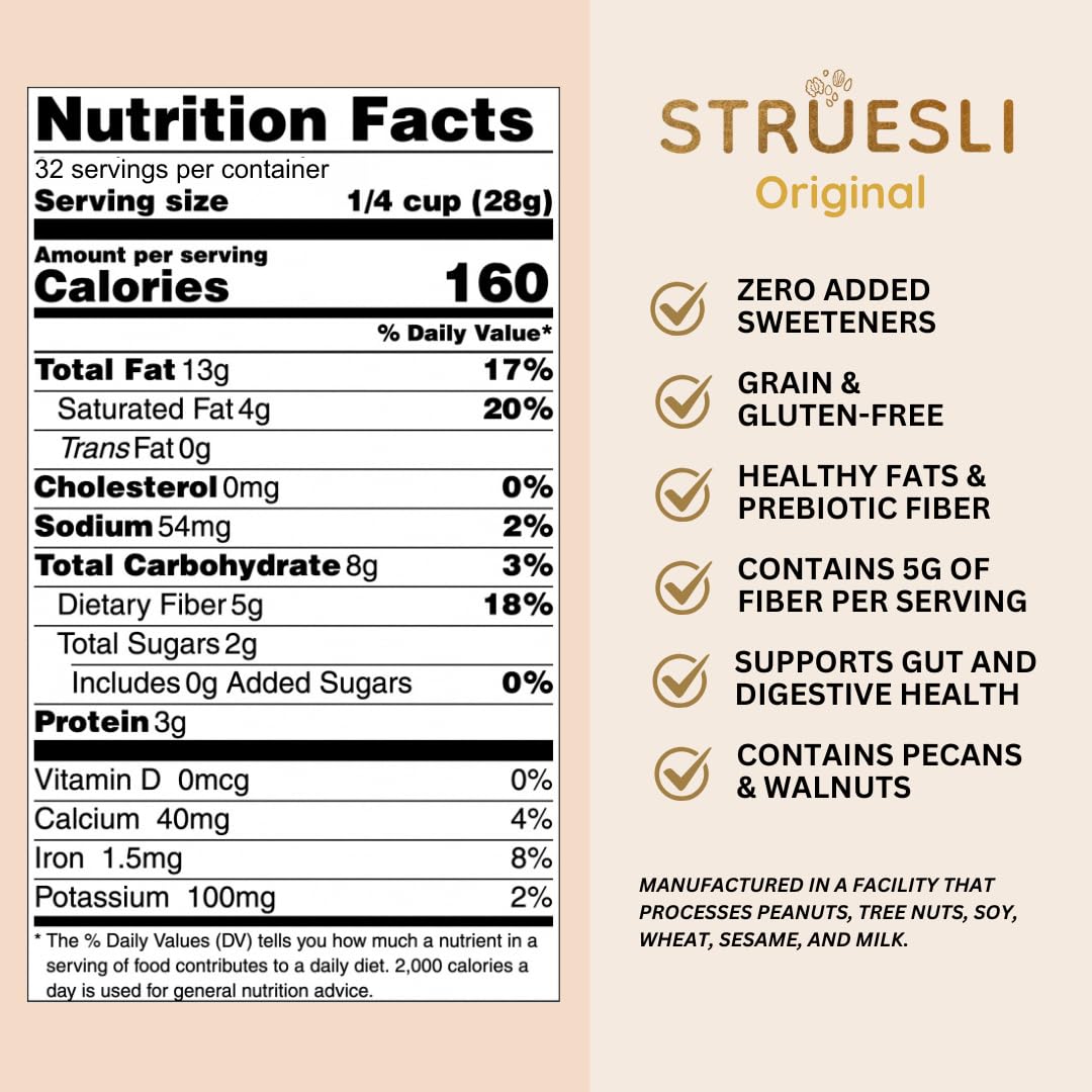 Struesli Original Organic Granola, Grain & Gluten Free, Healthy Snacks with Chia Seeds, Nuts & Sea Salt, Prebiotic High Fiber Food for Yogurt, Cereal