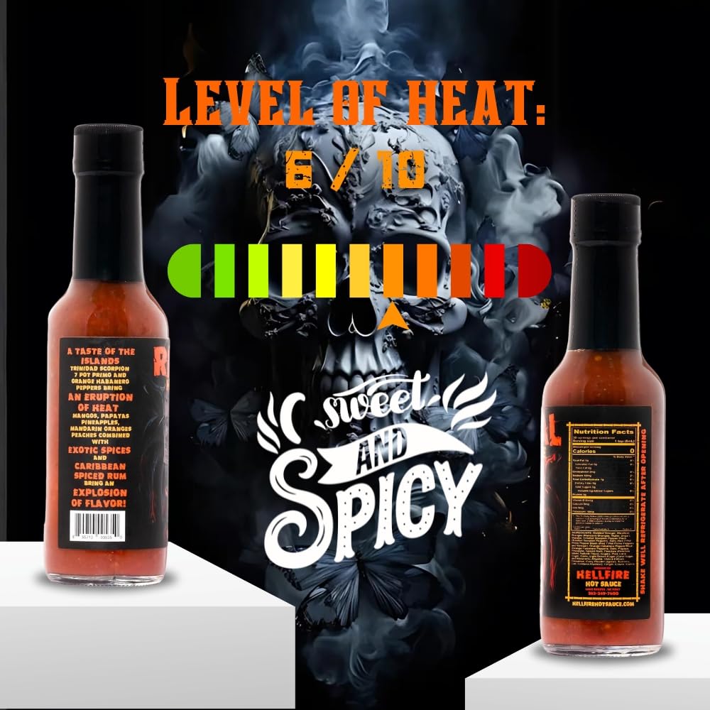 HELLFIRE RITUAL CARIBBEAN SPICED RUM-INFUSED HOT SAUCE. A TASTE OF THE ISLANDS TRINIDAD SCORPION, 7-POT PRIMO & ORANGE HABANERO PEPPERS BRING